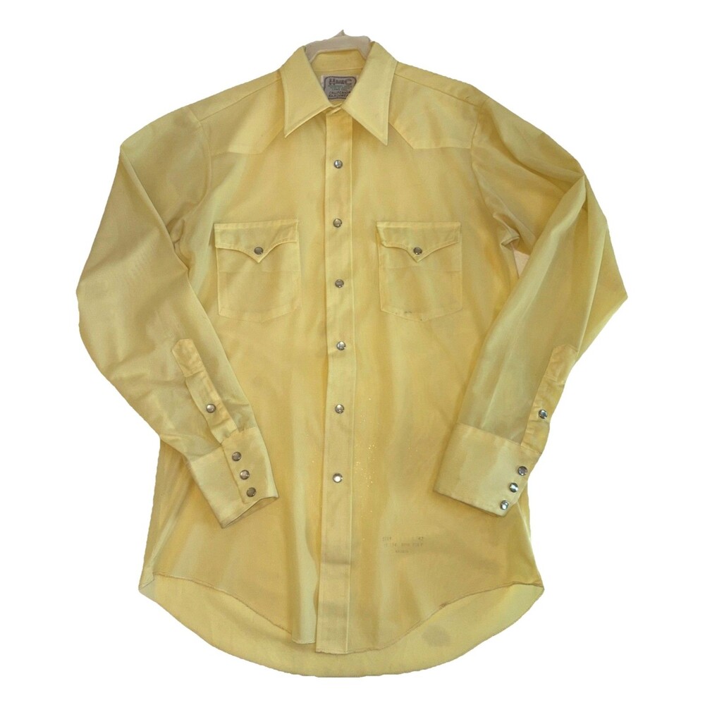 Vintage Mens Yellow H Bar C Ranchwear Pearl Snap Long Tail Permanent Press 15-34